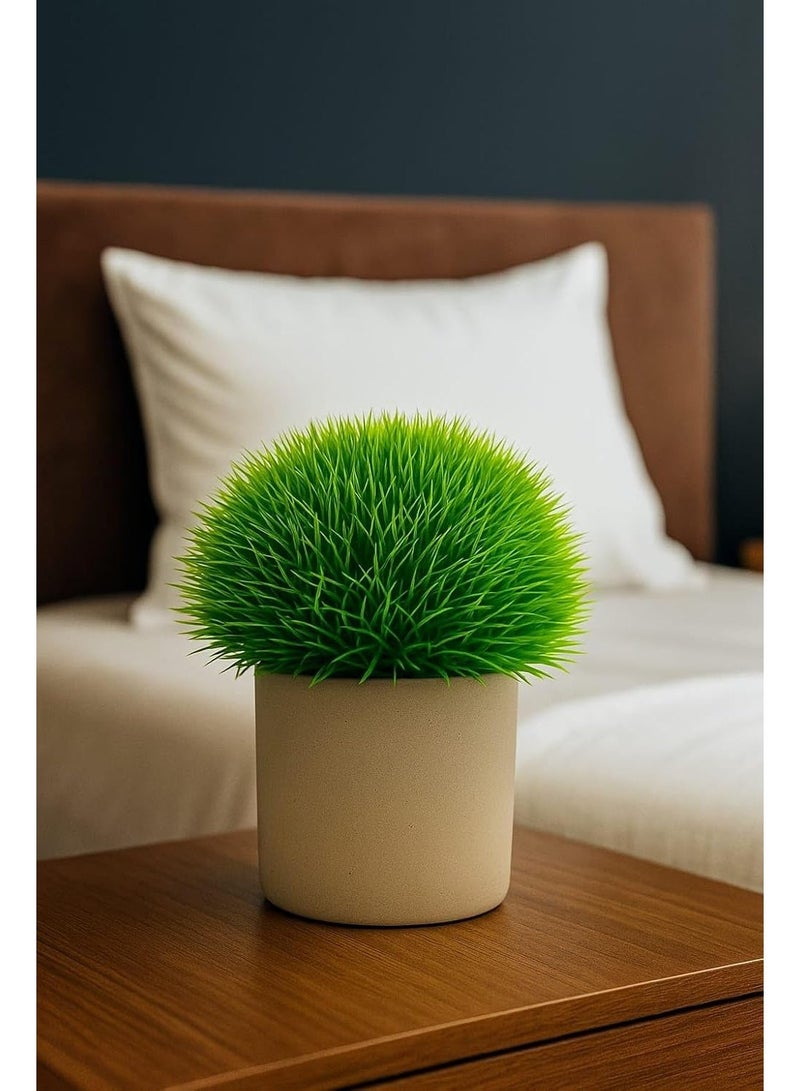 نبات أخضر صغير صناعي من مع وعاء من الطين الرمادي، قطعة ديكورية صغيرة مزيفة للمنزل والمكتب والحمام وطاولة المطبخ - Image 4